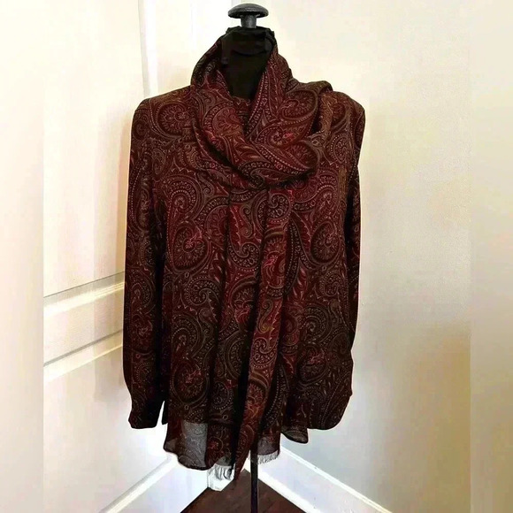 Ciao Sport Vintage Womens 8 Silk Brown Paisley‎ Scarf Long Sleeve Button Blouse - Picture 1 of 14